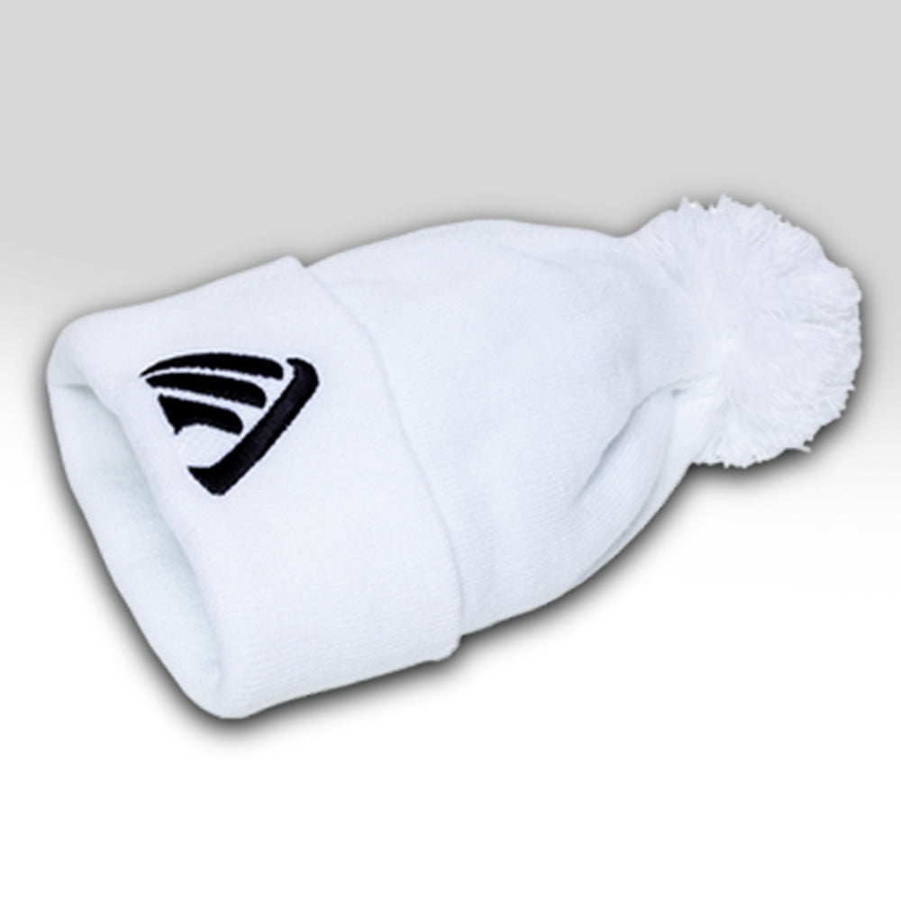white knitted logo beanie hat